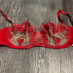 Fleur Du Mal Red Embroidered Foil Mesh Balconette Bra